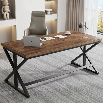 IBF Industrial Computer Desk, Rustic Wooden Metal Executive Office Desks, Large Long Simple Gaming Computer Desk Table, Wood Student Study Computer Table for Bedroom Living Room, Rustic Brown, 60 Inch