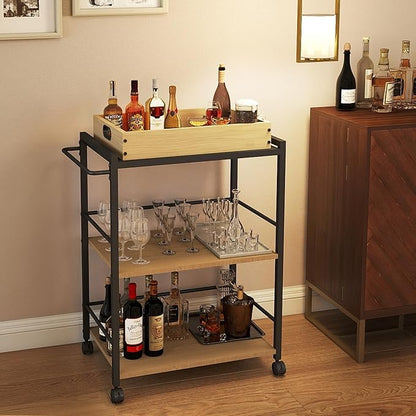 3 Tier Kitchen Cart, Rolling Bar Cart for Tea, Coffee, Liquor, and Drink Service with Removable Serving Detachable Server, Natural Oak