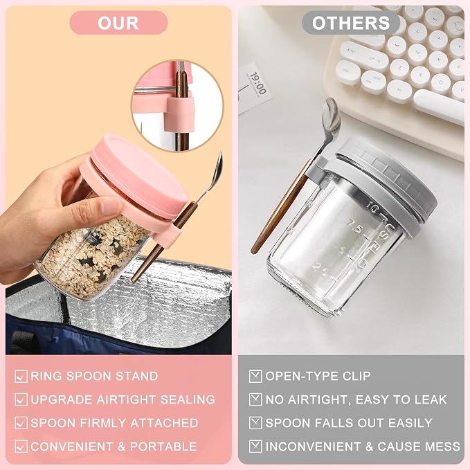 16oz Glass Mason Overnight Oats Jars, Cereal, Yogurt, Salad Lunch,Glass Overnight Oats Containers with Lids and Spoon, Container with Measurement Marks -(Grey&Pink-2Pcs)