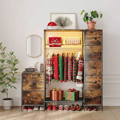 Garment Rack with Drawers, Freestanding Closet Organizer with Shelves, 55W*57.08H Heavy Duty Clothes Rack with Hanging Rod, Clothing Wardrobe Closet for Bedroom, Living Room, Entryway, Laundry Room