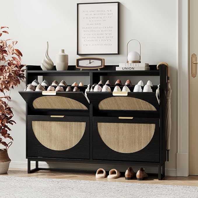 Maupvit Large Rattan Shoe Storage Cabinet with 4 Flip Drawers, Freestanding Shoe Organizer with Metal Legs for Entryway, Hidden Golden Handles, Narrow Shoe Rack Cabinet, Black