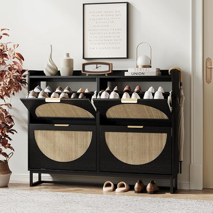 Maupvit Large Rattan Shoe Storage Cabinet with 4 Flip Drawers, Freestanding Shoe Organizer with Metal Legs for Entryway, Hidden Golden Handles, Narrow Shoe Rack Cabinet, Black