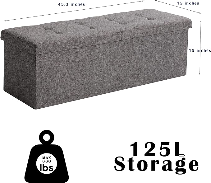 CUYOCA 45.3 Inches Ottoman Bench - Foldable Seat, Footrest, Shoe Bench, End of Bed Storage With Flipping Lid, 166L Space, Linen Fabric Emerald