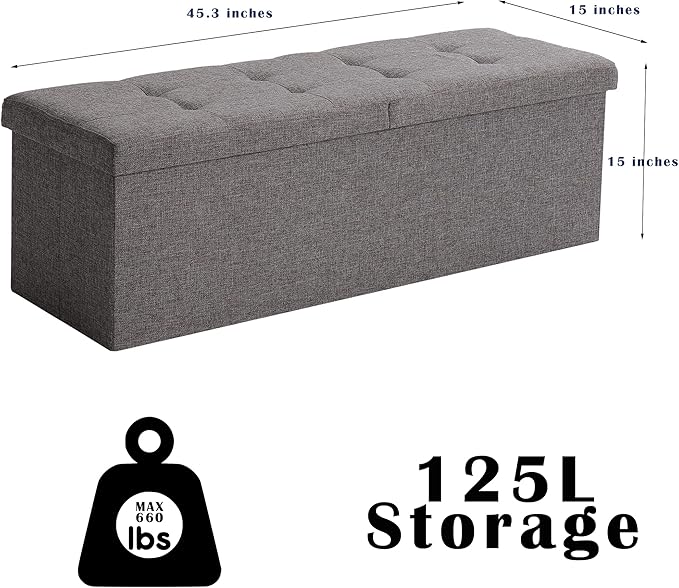 CUYOCA 45.3 Inches Storage Ottoman Bench Foldable Seat Footrest Shoe Bench End of Bed Storage with Flipping Lid, 166L Storage Space, Linen Fabric Pink