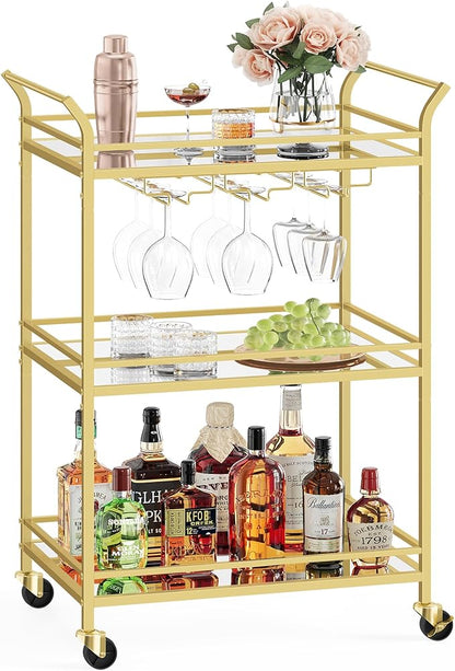 VASAGLE Bar Cart Gold, Small Home Bar Serving Cart with 3-Tier Mirrored Shelf, Wine Holders, Glass Holders, for Small Spaces, Kitchen, 15 x 23.6 x 36.2 Inches, Gold ULRC100A01