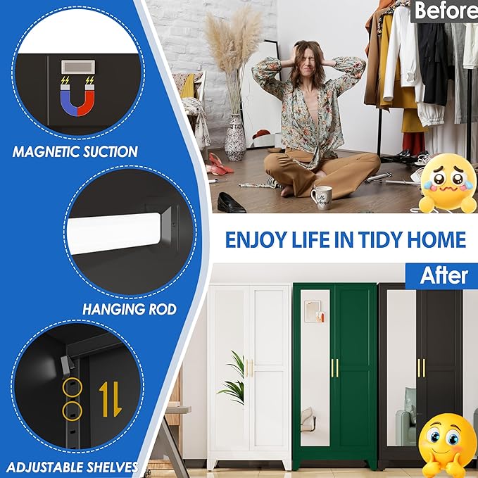 Metal Wardrobe Cabinet with Mirror and Hanging Rod, 71" Metal Clothing Storage Cabinets with 2 Doors and Adjustable Shelves, Black Armoire Wardrobe Closet for Bedroom, Laundry Room, Cloak Room