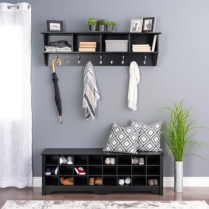 Prepac 60" Contemporary Wall Mounted Coat Rack, Coat Hooks Wall Mount with 4 Shelves, Ideal for Hallway or Entryway Hanging Solution, 11.5"D x 60"W x 16.5"H, Black