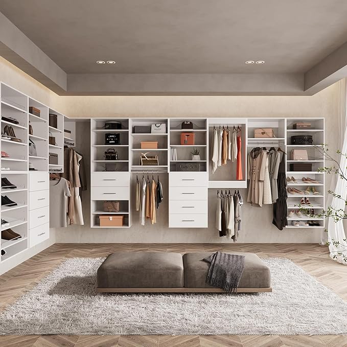 ROOMTEC Modular Closet System, 49" Wall-Mounted Closet Organizer with Drawers and Hanging Rods, Wooden Tower for Walk-In Closets, Wardrobe Storage Kit, White