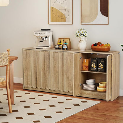 ORRD Sideboard Buffet Cabinet with Storage, Low Storage Cabinet Modern Wooden Accent Credenza Console Table TV Stand with 6 Wave Panel Doors for Kitchen Dining Living Room Entryway, Natural