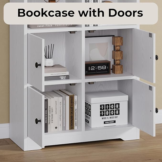 IRONCK Bookshelves and Bookcases with 4 Doors, 6-Tier Bookshelf with Storage Shelves 74.6 in Tall Bookcase for Home Office, Living Room, Bedroom, White