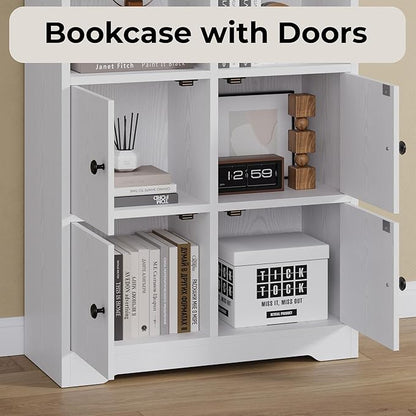 IRONCK Bookshelves and Bookcases with 4 Doors, 6-Tier Bookshelf with Storage Shelves 74.6 in Tall Bookcase for Home Office, Living Room, Bedroom, White