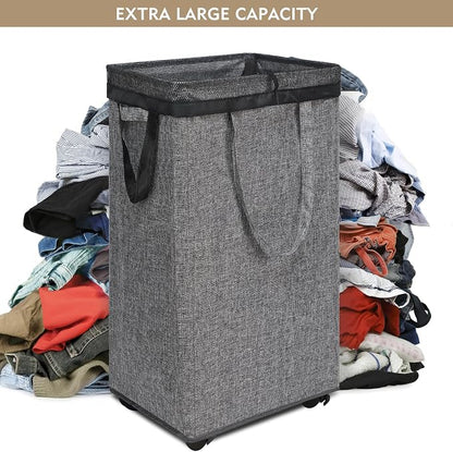 DOKEHOM 90L X-Large Laundry Basket with Removable Wash Bag on Wheels, Collapsible Rolling Laundry Hamper, Foldable Clothes Organizer, Folding Washing Bin (Linen Grey)