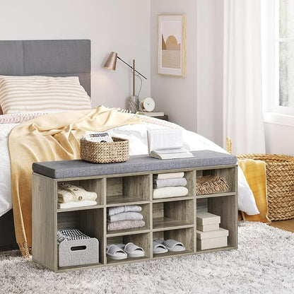 DINZI LVJ Shoe Bench, 12 Cubbies Shoe Organizer for Entryway, Storage Bench with Cushion, Cubby Shoe Rack with Adjustable Shelves for Living Room, Bedroom, Mudroom, Hallway, Gray Wash