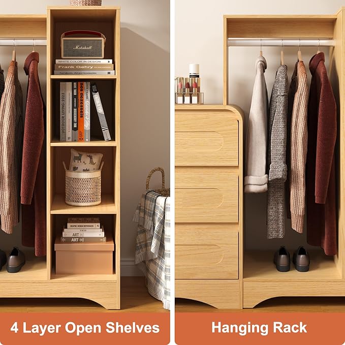 Dresser with Clothes Hanging Rack, Pre-Installed Slides for Fast Installation, 3-in-1 Wardrobe Closet with Drawers and Shoe Shelves, Modern Wood Storage Armoire for Bedroom,Natural Oak