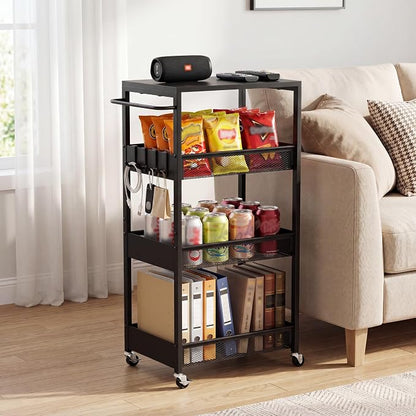 Rolling Utility Cart, 4 Tier Metal Storage Cart with Handle and Wood Top, Multifunctional Mobile Shelf Unit Organizer Trolley for Laundry, Bathroom, Kitchen