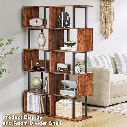 Furologee 6 Tier Bookshelf, Tall S Shaped Geometric Bookcase, Modern Display Shelf Standing Unit, Wood Metal Decorative Divider Rack for Living Room Bedroom Office, Rustic Brown