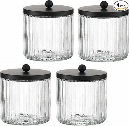 KMwares 4-Pack Glass Qtip Holder Dispenser Set for Cotton Ball, Swab, Round Pads, Floss Picks - Bathroom Canister Storage Organization and Vanity Makeup Organizer(Clear-4)