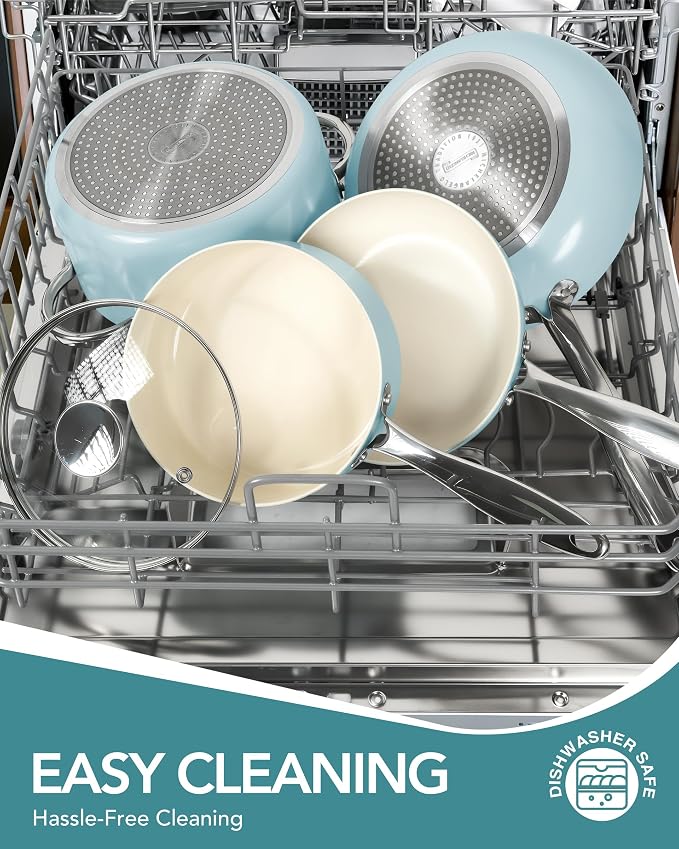 MICHELANGELO Pots and Pans Set Non Stick, 8-Piece Ti-infused Ceramic Cookware Set with Silicone Utensils - Induction Compatible, Oven Safe, PFOA-Free, Blue