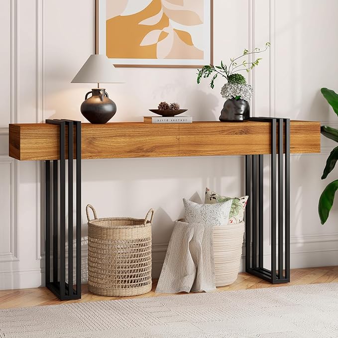 63 Inch Long Console Table, Industrial Sofa Table Behind The Couch Rectangular Entryway Table for Entrance Hallway Living Room, Rustic Brown