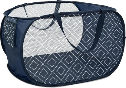Collapsible Laundry Baskets with Side Pocket, Sturdy Pop Up Foldable Laundry Hamper with Reinforced Handles, Easy to Carry Clothes Hamper for Bathroom, Bedroom, Dorm, Travel -Prism Print, Navy Blue