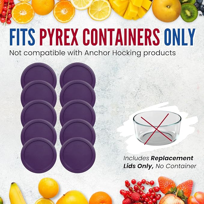 Replacement Lids fits Pyrex 6 & 7-Cup Glass Food Storage Container Bowls, 7.5-Inch Plastic Round Lids Covers for Pyrex 7402-PC, Airtight & Leakproof (10-Pack, Purple)