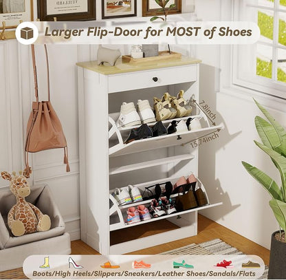 FTZxHKLX Shoe Cabinet with 2 Flip Drawers, Slim Wooden Hidden Shoe Organizer with Drawer, Pet-Proof Narrow Shoe Storage Cabinet for Entryway Living Room Behind The Door