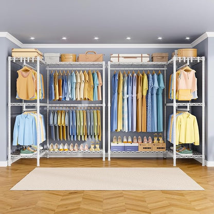 E15 Pro Garment Rack L Shaped Clothes Rack for Corner，Freestanding Clothing Racks for Hanging Clothes，Heavy Duty Closet System with 4 Hanging Rods & 8 S Hooks，48.8"W x 15.8"D x 78.4"H，White