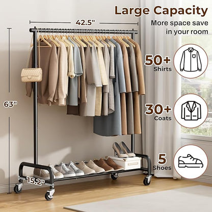MISSLO Heavy Duty Clothes Rack for Hanging Clothes Rolling Clothing Rack Heavy Duty on Wheels for Coat, Garment, Matte Black (Single Rod)