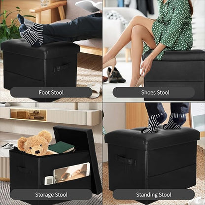 Storage Ottoman Foot Rest Stool with Thicker Foam Padded Seat. Foldable Leather Footstool Bench. Small Ottoman with Storage for Living Room Bedroom Coffee Table 350 lbs, 17x13x13in, Black.