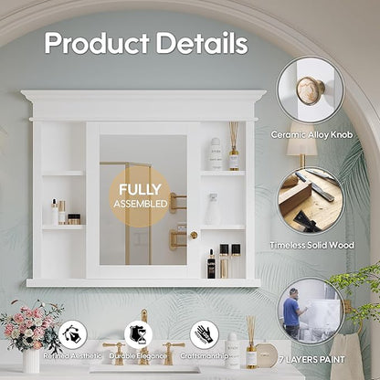 WELLFOR40 x 32" Bathroom Medicine Cabinet with 3-Tier Adjustable Shelves, Recessed Solid Wood Medicine Cabinet with Mirrors, Wood Miiror Cabinet with 1 Soft-Close Door and Open/Built-in 7 Shelves