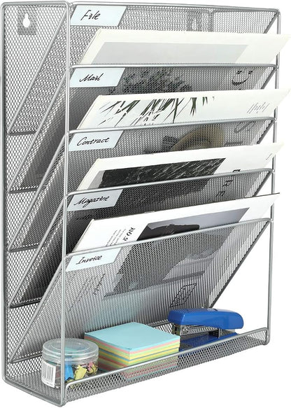 EasyPAG 5 Tier Wall File Holder, Mesh Hanging Folder Organizer with Classify Label, Versatile Desk File Holder, Vertical Wall Mounted Mail Organizer for Office Home Cubicle, Silver