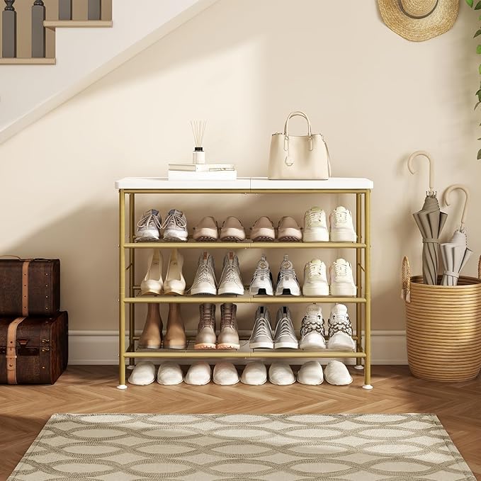 SUOERNUO Shoe Rack Organizer 4 Tier for Closet Entryway Free Standing Metal Storage Shoe Shelf with MDF Top Board，Gold