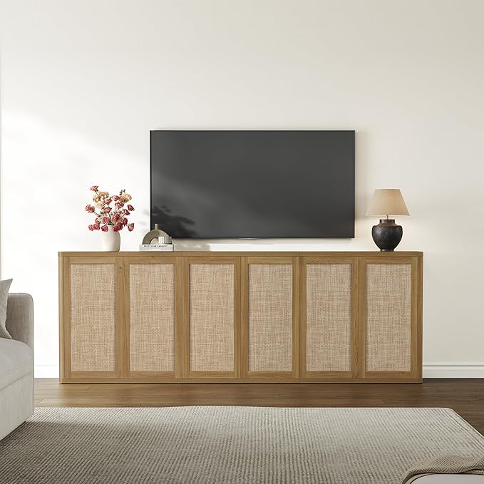 SICOTAS Rattan Sideboard Buffet Console Table - 95” Larger Modular Credenza Stand, 3 Pieces Boho Coffee Bar Cabinet with Storage & Adjustable Shelves for Hallway, Living Room, Dining Room
