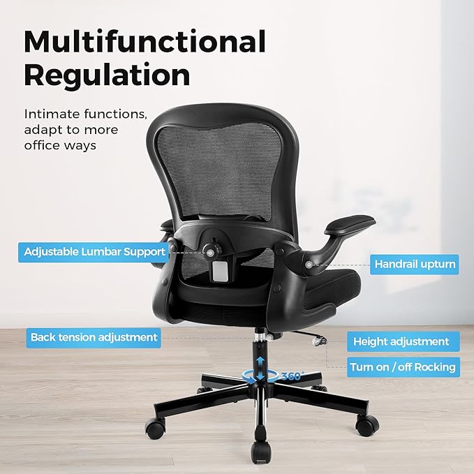 MAISON ARTS Office Chair, Ergonomic Desk Chair with Height Adjustable Lumbar Support, Mesh Design, Flip-up Armrests, Rocking Backrest, Executive Rolling Swivel Comfortable Task Chair for Home Office