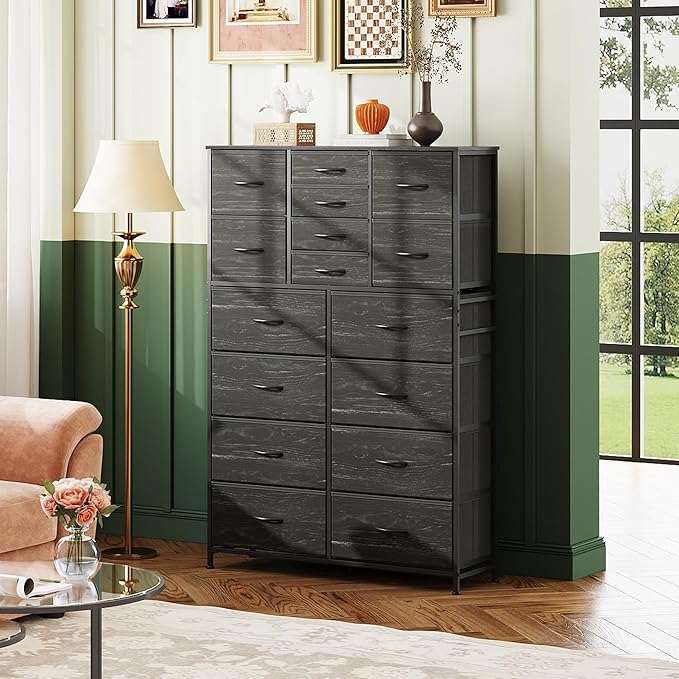 Tall Console Table with 16 Fabric Drawers, Entryway Table with Storage, Large Storage Organizer with Wood Top, Steel Frame for Living Room, Hallway, Office, Charcoal Black Wood Grain Print