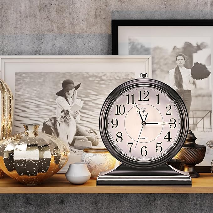 Retro Mantel Décor Desk Clock, 10-inch Vintage Table Clocks for Fireplace, Easy to Read Clocks for Living Room, Bedroom, Office, Desktop Decoration (Black)