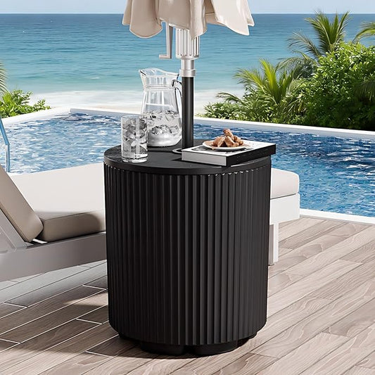 Outdoor Umbrella Stand with Hole, in Pool Umbrella Stand with Weighted Water Filled Bladder, Fluted Vertical Ribbed Design, All Weather Umbrella Side Table Base, Patio Umbrella Base, Black