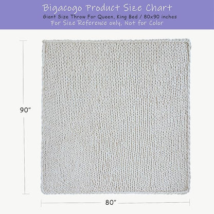 Bigacogo Chunky Knit Throw Blanket for Couch, 80x90 inches, 100% Hand Knitted with Thick Jumbo Chenille Yarn, Cozy Soft Large Rope Knot Cable Crochet Blankets for Sofa Bed Living Room, White