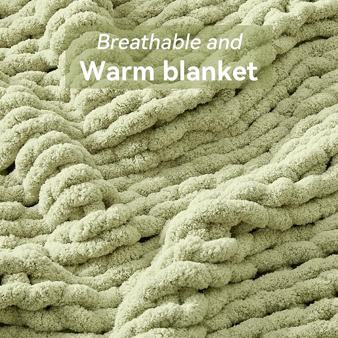 Negwoo Chunky Knit Throw Blanket, 80''*90'' Knitted Throw Chenille Yarn for Bed Couch, Handmade Light Green Crochet Big Thick Blanket, Machine Washable Cute Comfy Blanket for Home Decor
