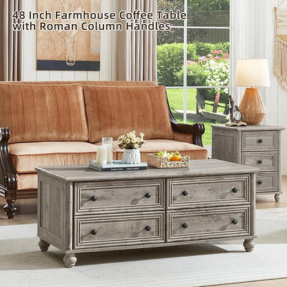 48" Farmhouse Coffee Table with Hidden Storage,Wooden Coffee Tables with 4 Drawers & Roman Column Handle,Rectangular Rustic Center Table with Solid Wood Curved Legs for Living Room,Office,Grey