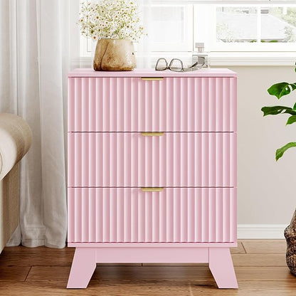 Fluted 3 Drawer Dresser for Bedroom, Mid Century Modern Night Stand with Metal Handle, Wooden Beside Table with 3 Drawers End Table for Living Room, Closet, Entryway, Pink