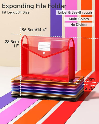 XingDuing 7 Pack Plastic Expanding File Folder, Transparent envelopes with Snap Closure, Fit Legal/B4 Size for School/Office/Home/Hospital, No Dividers, Large Capacity-7 Colors