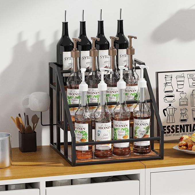 Coffee Syrup Rack Organizer, 3 Tier Countertop Storage Shelves, Kitchen Storage, 12 Syrup Bottle Stand Holder for Wine, Liquor, Kitchen Coffee Station Organizer Rack, 13.8"x13.4"x13.0", Rustic Brown
