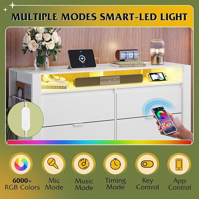 WLIVE 6 Drawer Led Dresser for Bedroom, 51" White Wood Dresser Storage Organizer with Charging Station for 55" TV, Dressers with Open Shelves, Hanging Rack, Chest of Drawers for Closet, Living Room