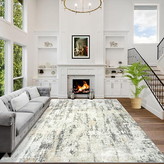 9x12 Area Rugs Washable Rug: Modern Abstract Living Room Rug Soft Anti-Skid Thin Carpet Indoor Floor Non-Shedding Carpets for Bedroom Dining Room Farmhouse Nursery Home Office Grey Brown