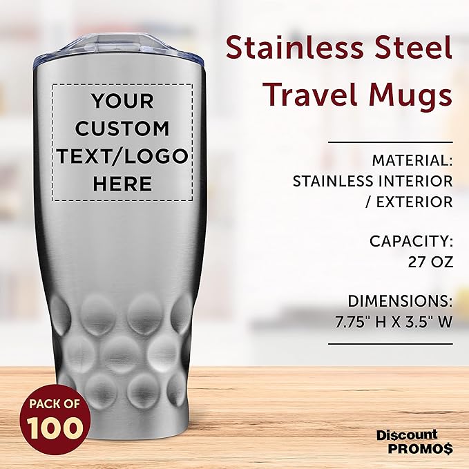 Custom Stainless Steel Tumblers by Molokini 27 oz. Set of 100, Personalized Bulk Pack - Double Wall, Perfect for Coffee, Soda, Other Hot & Cold Beverages - Silver