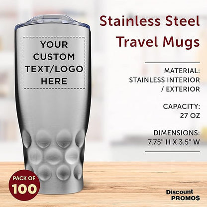 Custom Stainless Steel Tumblers by Molokini 27 oz. Set of 100, Personalized Bulk Pack - Double Wall, Perfect for Coffee, Soda, Other Hot & Cold Beverages - Silver