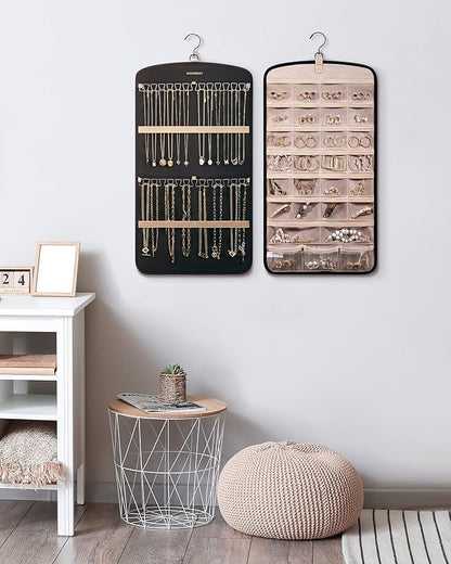 BAGSMART Hanging Jewelry Organizer, Necklace Holder Anti-tangle Earrings Rings Hanger with 10 Jewelry Bags Travel Storage Roll with Pockets Hang on Closet, Wall, Door,1 Piece, Small, Black