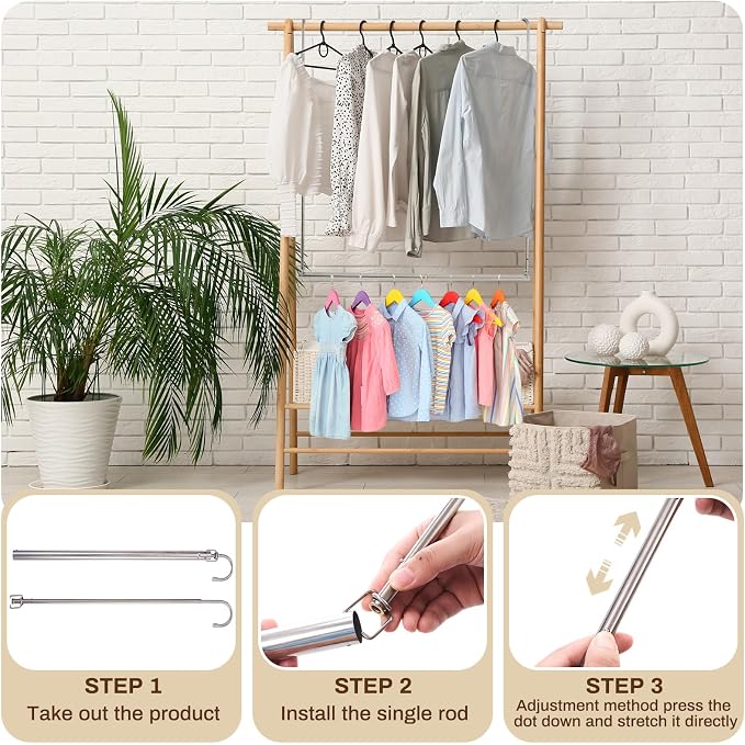 2 Pack Closet Rod Extender Adjustable 16-29 Inches, Double Hanging Organizer Extension for Clothes, Hook-on Storage Bar Adds Extra Space, Heavy Duty Stainless Steel Wardrobe Organizer for Small Closet