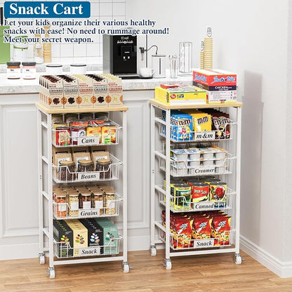 OKZEST 5-Tier Small Kitchen Storage Cart on Wheels with Pull-Out Drawers, Rolling Pantry and Snack Organizer Cart with Wood Top, Kitchen Floor Fruit Basket Stand for Fruit Potato Onion Veggie Snack